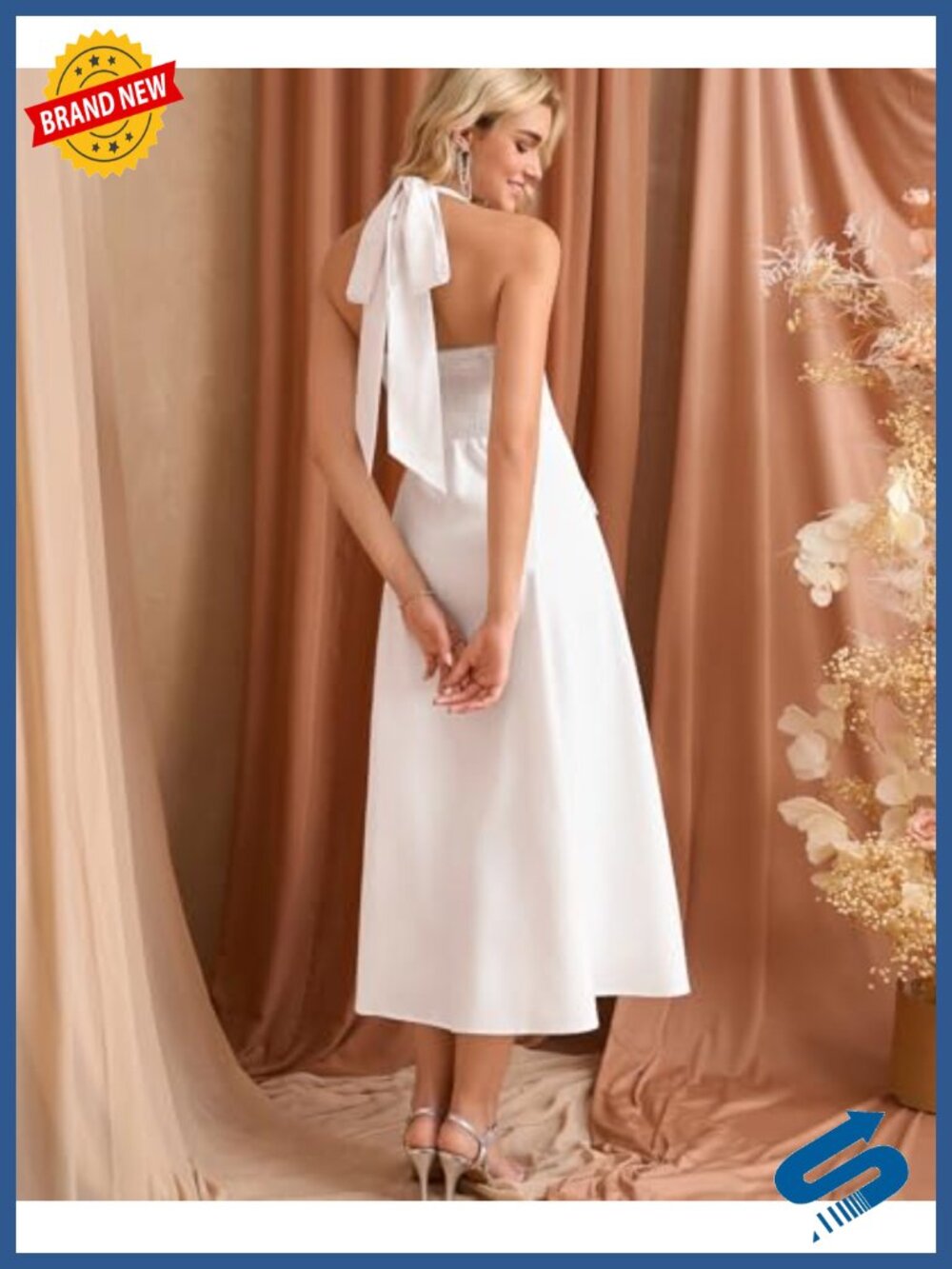 Flowy Floral Halter Corset Midi Dress Summer A-Line Wedding Guest - Picture 2 of 6